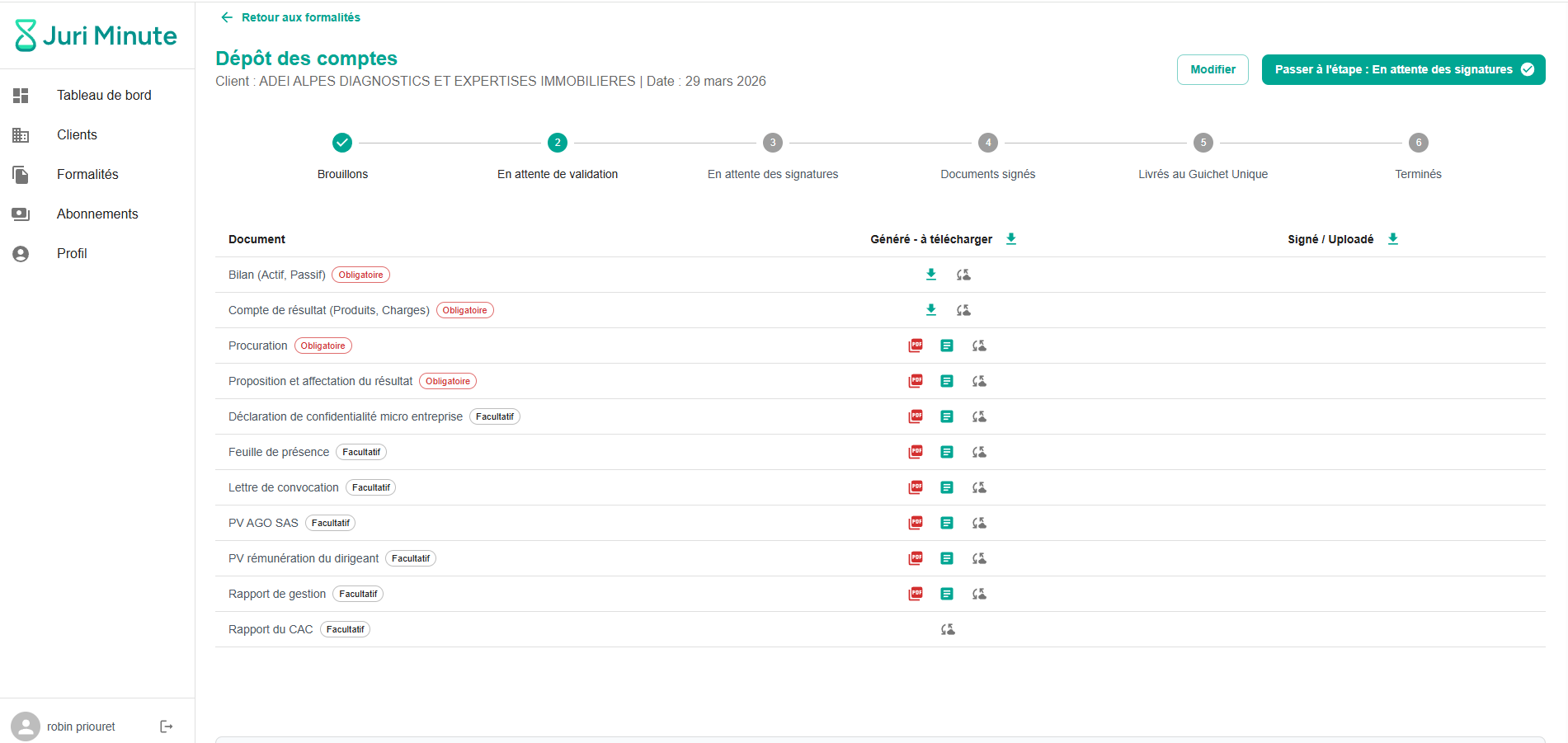 Détails d'une formalité en cours